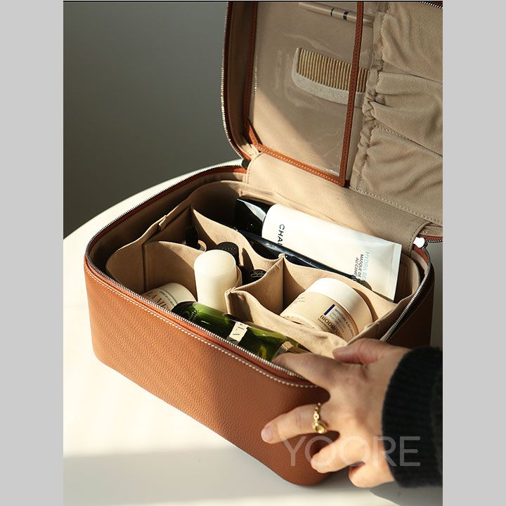 Estuche de cosméticos con espejo - Caja organizadora de maquillaje portátil de piel sintética