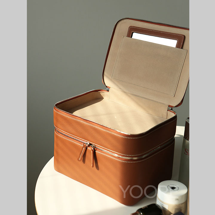 Estuche de cosméticos con espejo - Caja organizadora de maquillaje portátil de piel sintética