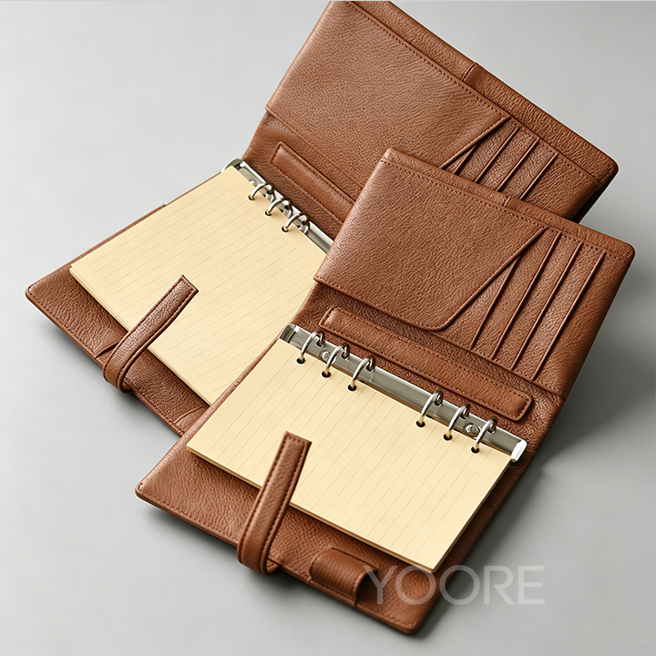 Carnet à anneaux en cuir, couverture rechargeable avec plusieurs pochettes pour cartes