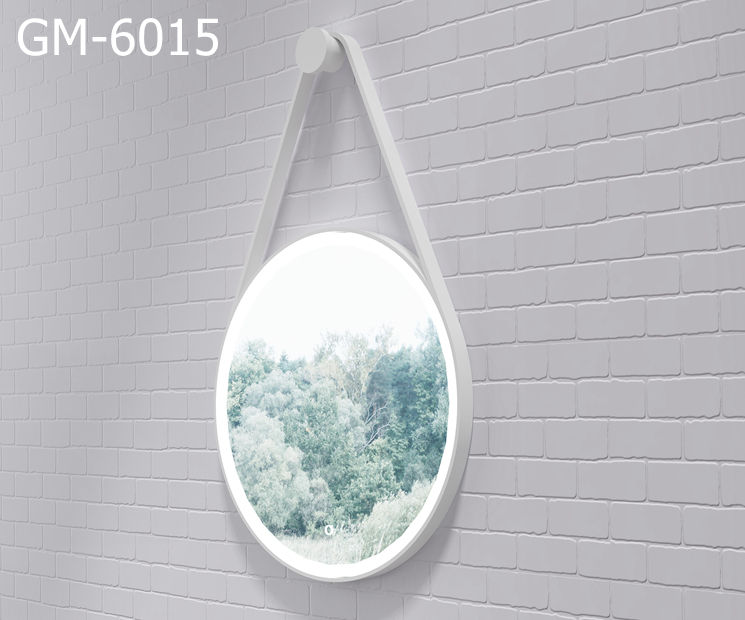 GM-6015 Wall-hung White Framed Bathroom Mirrors Round Mirror Surface Artificial Stone Solid with Led Illuminated Hotel Modern