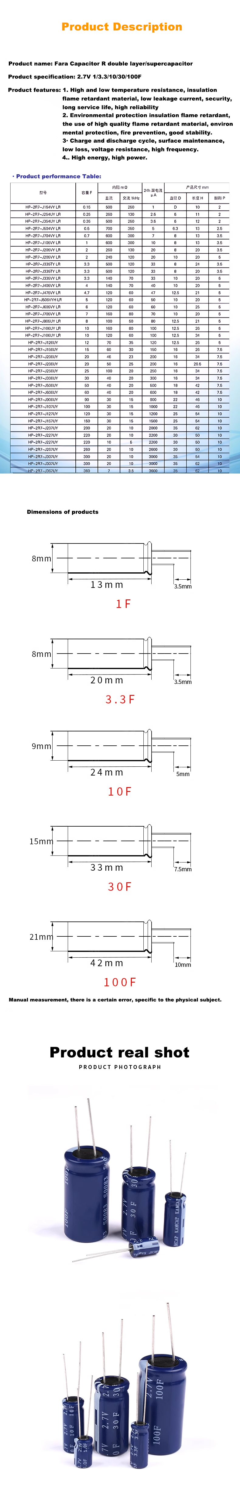 Fara capacitor 2.7V 1F 3.3F 10F 30F 100F type R double layer/supercapacitor