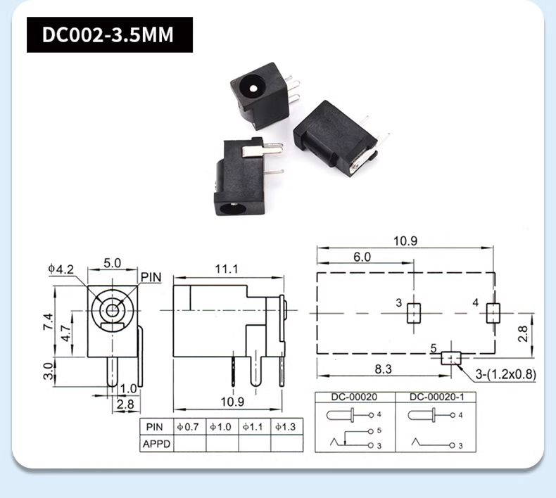 DC connector 3.5*1.3MM plug 005 male head 022B female seat 5.5*2.1/2.5