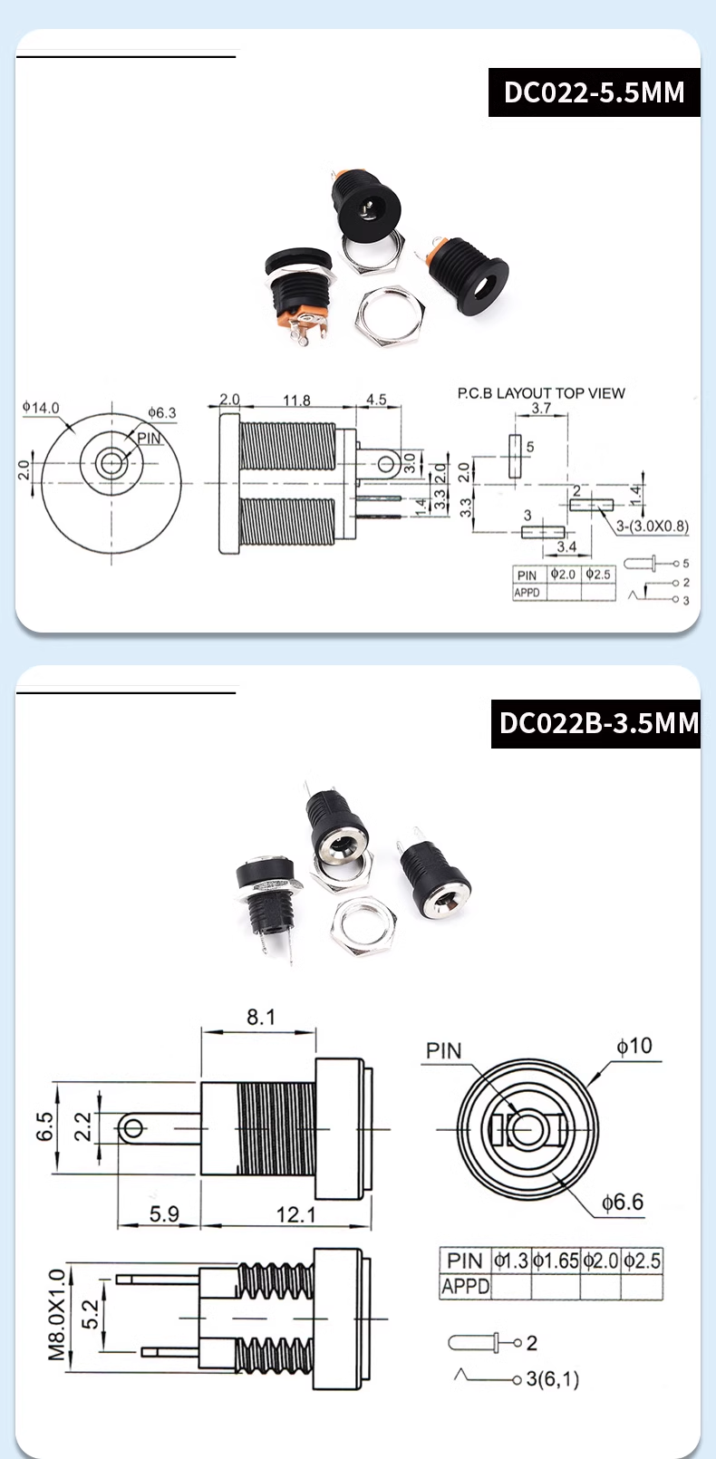 DC connector 3.5*1.3MM plug 005 male head 022B female seat 5.5*2.1/2.5