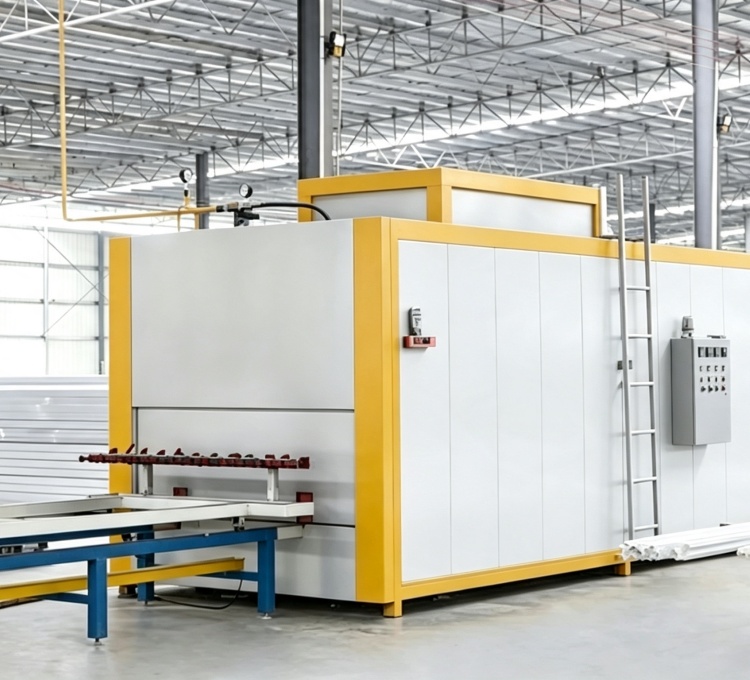 Equipo de transferencia de calor con patrón de vetas de madera para perfiles de aluminio.