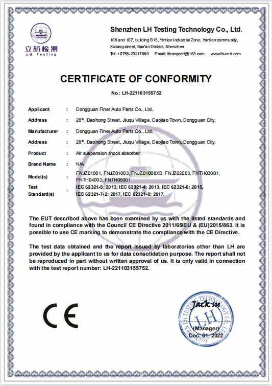 CE CERTIFICATE OF CONFORMITY FOR AIR SUSPENSION SHOCK ABSORBER