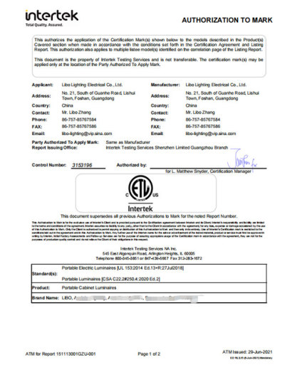 ETL certificate of Under Cabinet Light