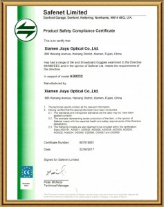 certificado de cumplimiento de seguridad del producto para gafas de esquí