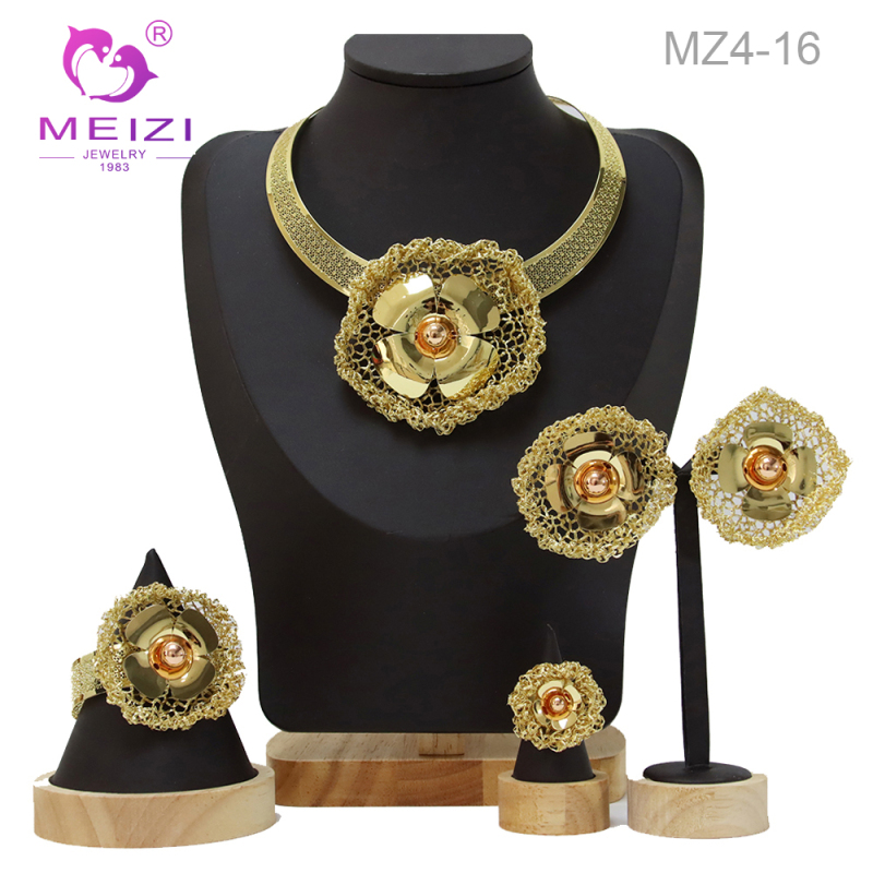 Gold Plated Necklace Earrings Bracelet Ring African Jewelry Set