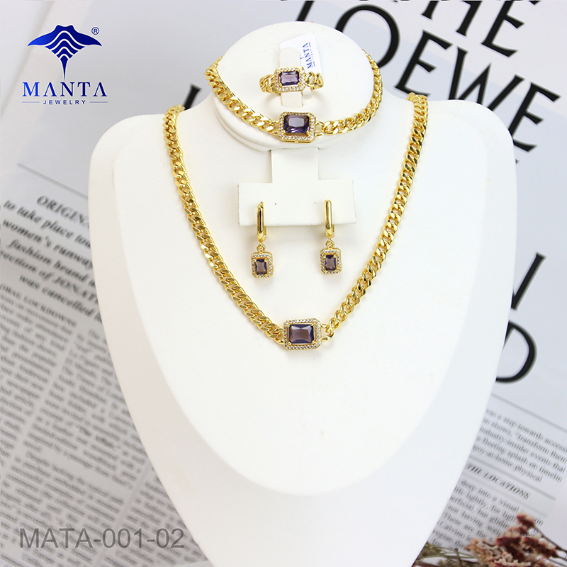 Gold Plated Necklace Earrings Bracelet Gemstone Jewelry 4 Piece Set