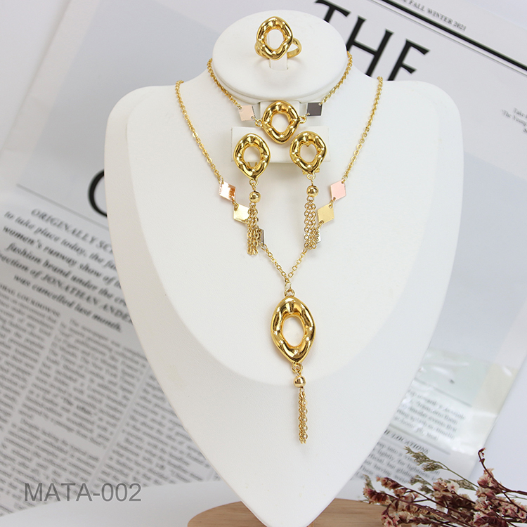 Gold Plated 4 Pieces Necklace Bracelet Earrings Ring Set