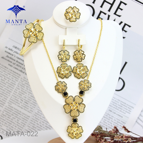 Black Gem Gold Plated Flower Necklace Jewelry Set