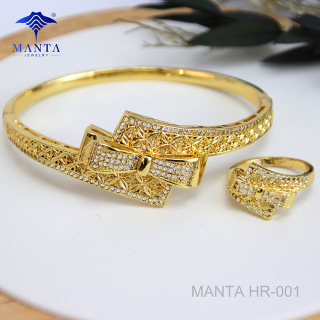 Conjunto de joyería de moda de anillo de brazalete de circón chapado en oro de 18 k