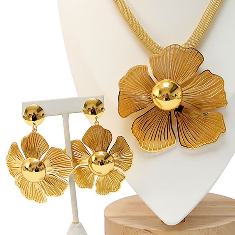 women's gold pendant set necklace and earring set