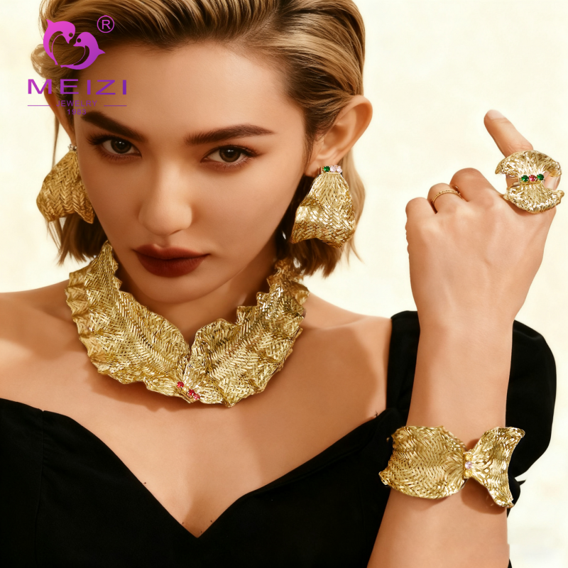 Metal woven mesh texture gold-plated jewelry set