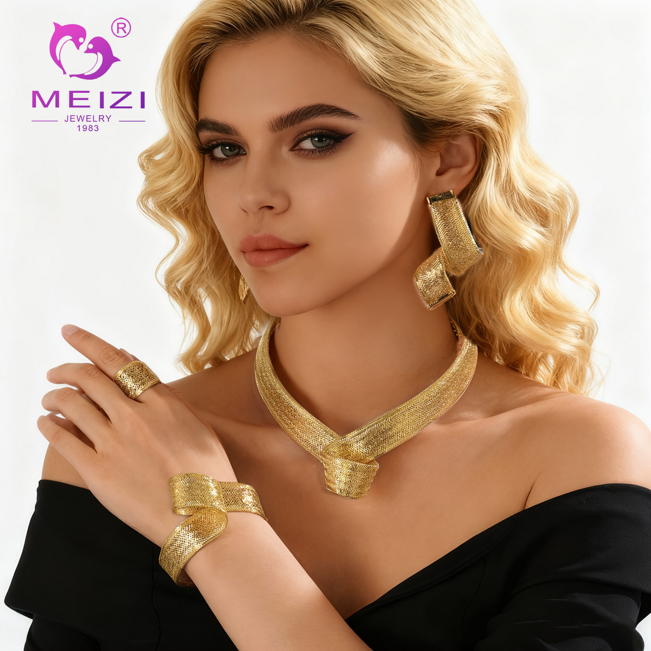 Mesh-woven gold luxury jewelry set