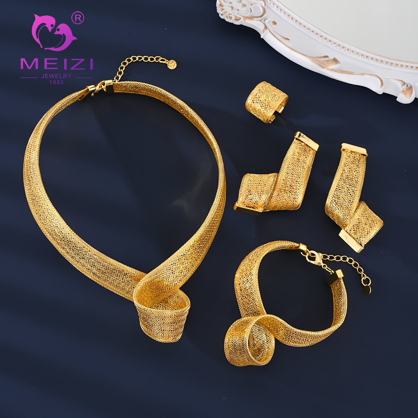 Mesh-woven gold luxury jewelry set