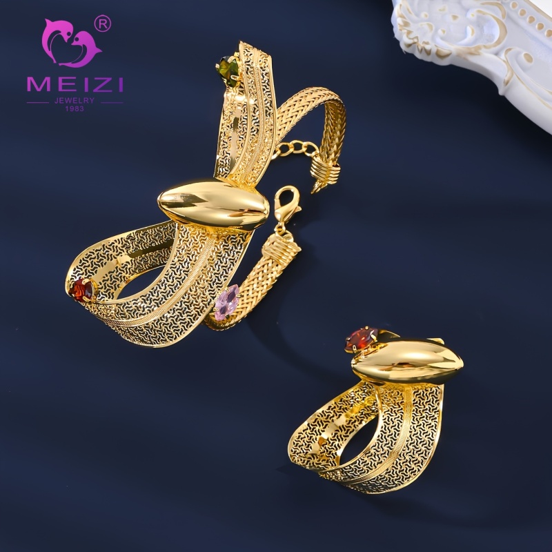 Artistic Ribbon Floral Gold-Plated Gemstone Jewelry Set