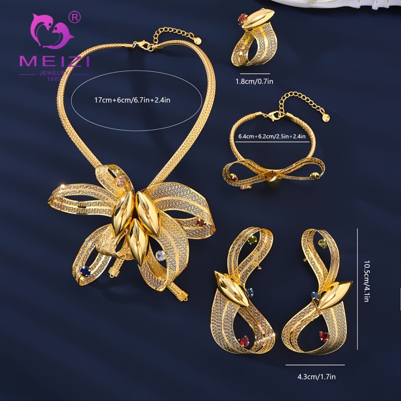 Artistic Ribbon Floral Gold-Plated Gemstone Jewelry Set