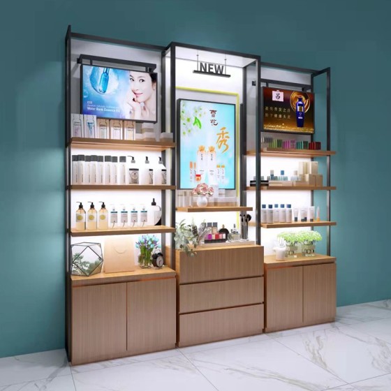 Supply Custom wooden wall cosmetic shelves display and makeup