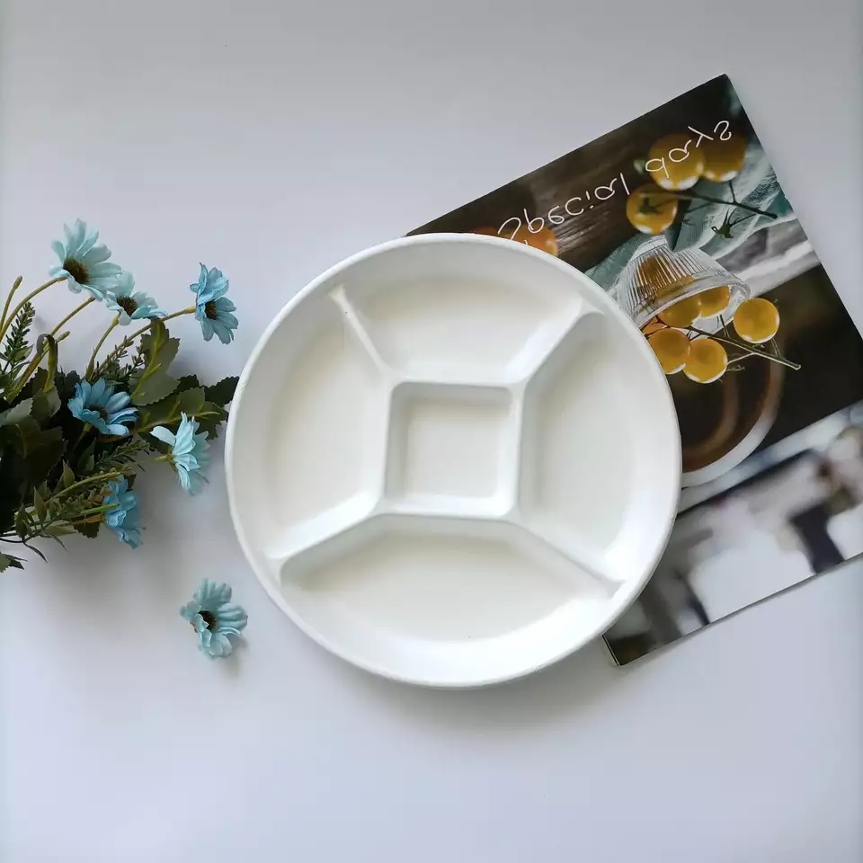 5 compartment sugarcane fiber bagasse round seafood plate