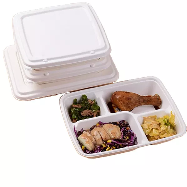 bandeja descartável para alimentos com compartimento para bagaço e tampa