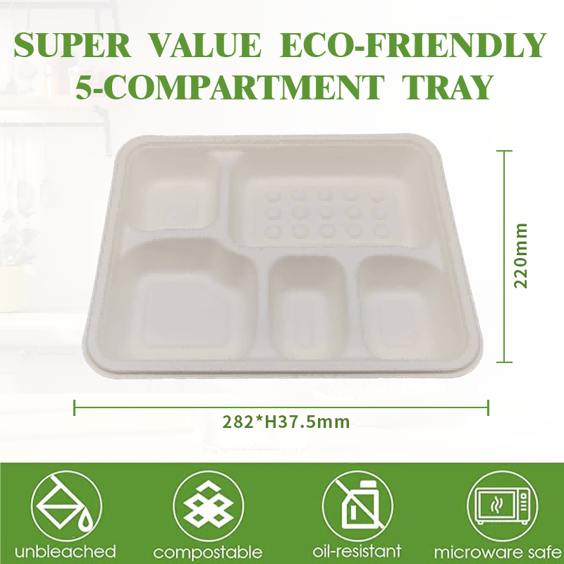 Biodegradable Sugarcane Bagasse 5 Compartment Paper Tray