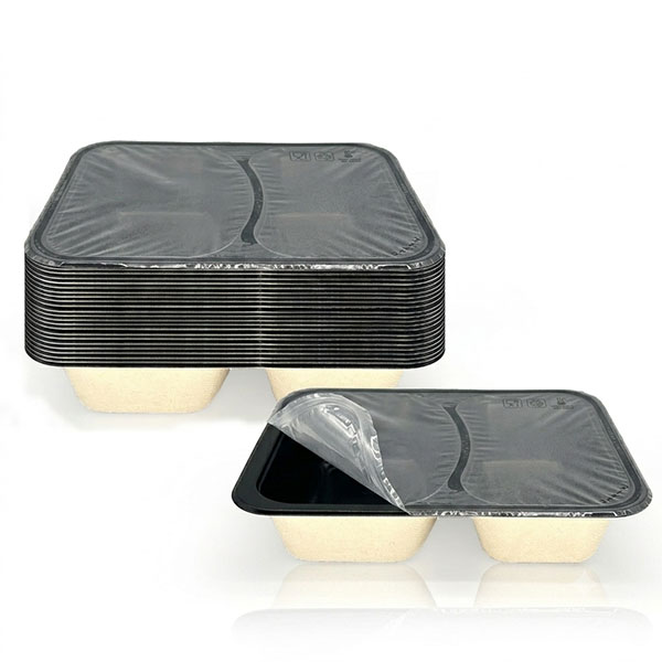 2-Compartment PFAS-Free Black Laminated Bagasse Trays