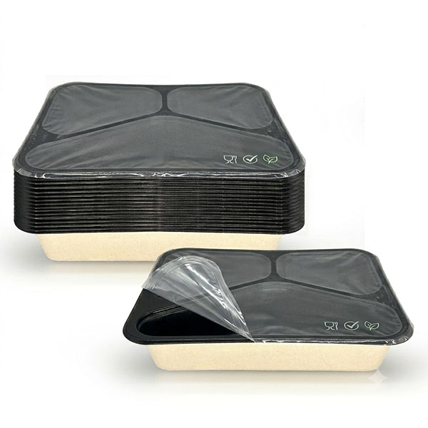 3-Compartment PFAS-Free Black Laminated Bagasse Trays