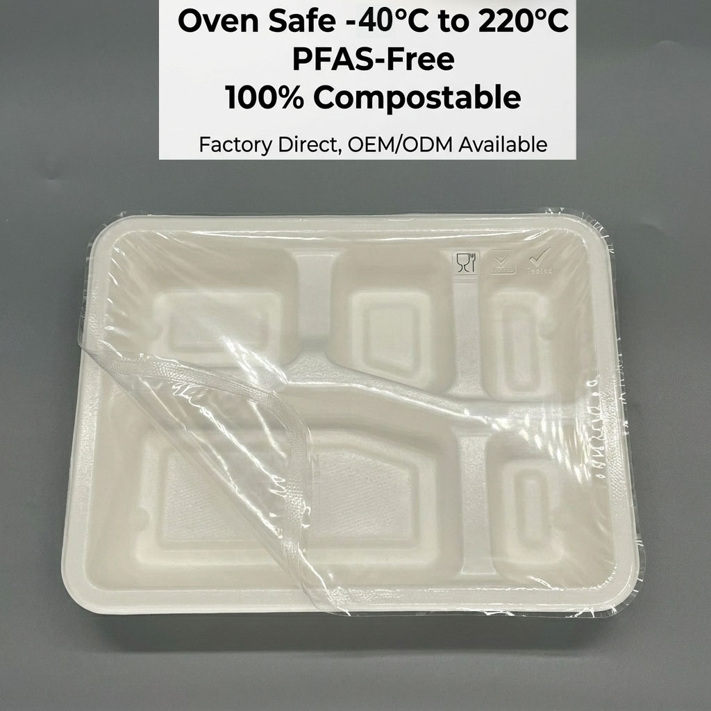 PFAS-Free 5-Compartment Laminated Bagasse Trays