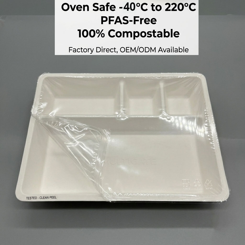4-Compartment PFAS-Free Laminated Bagasse Trays