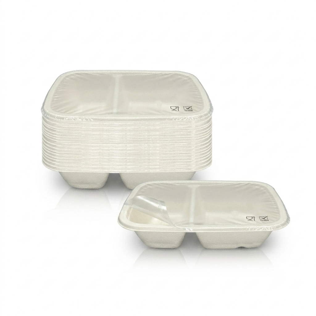 215x155mm White 2-Compartment Laminated Bagasse Trays