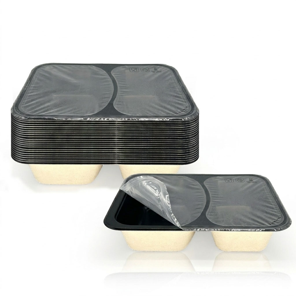 227*178mm 2-Compartment PFAS-Free Black Laminated Bagasse Trays
