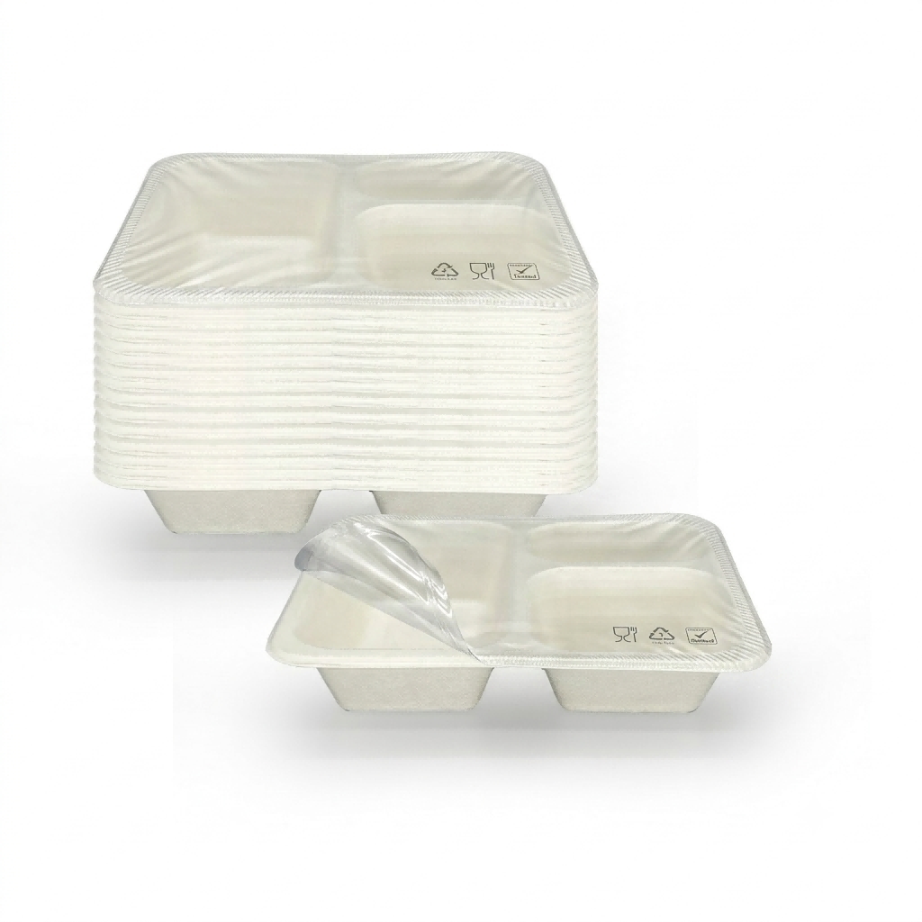 200x155mm White 3-Compartment Laminated Bagasse Trays