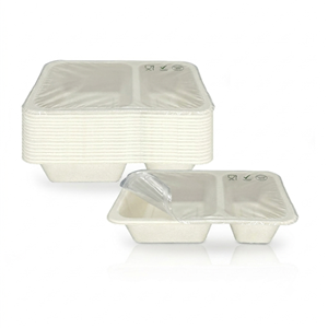 200x155mm White 2-Compartment PBAT Coated Bagasse Trays
