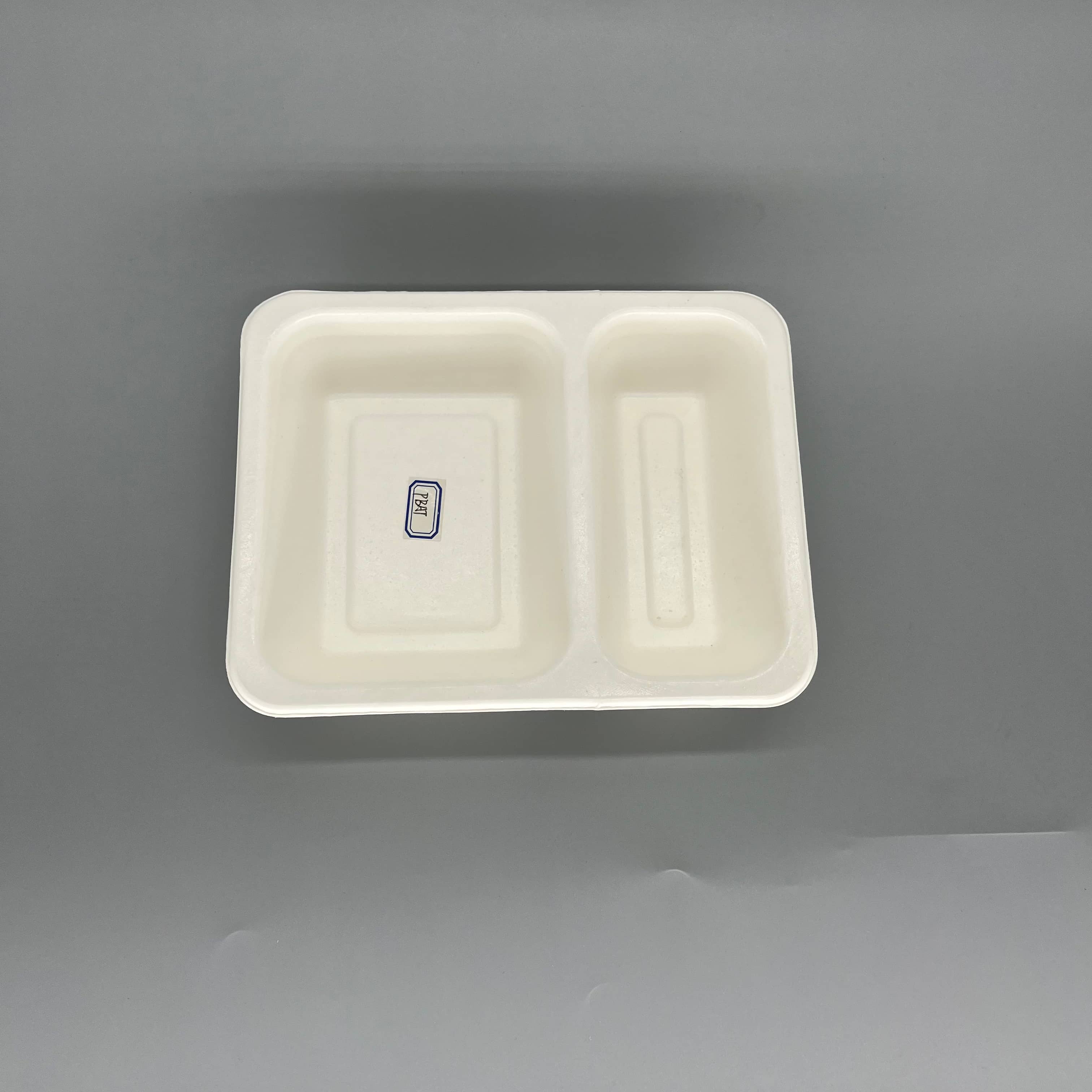 200x155mm White 2-Compartment PBAT Coated Bagasse Trays