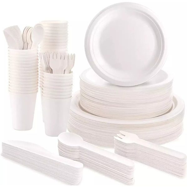 molded bagasse tableware set including plates cups and cutlery for foodservice applications
