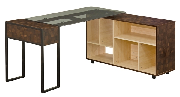 Black Tempered Glasstop L shape Oak Color Computer Workstation