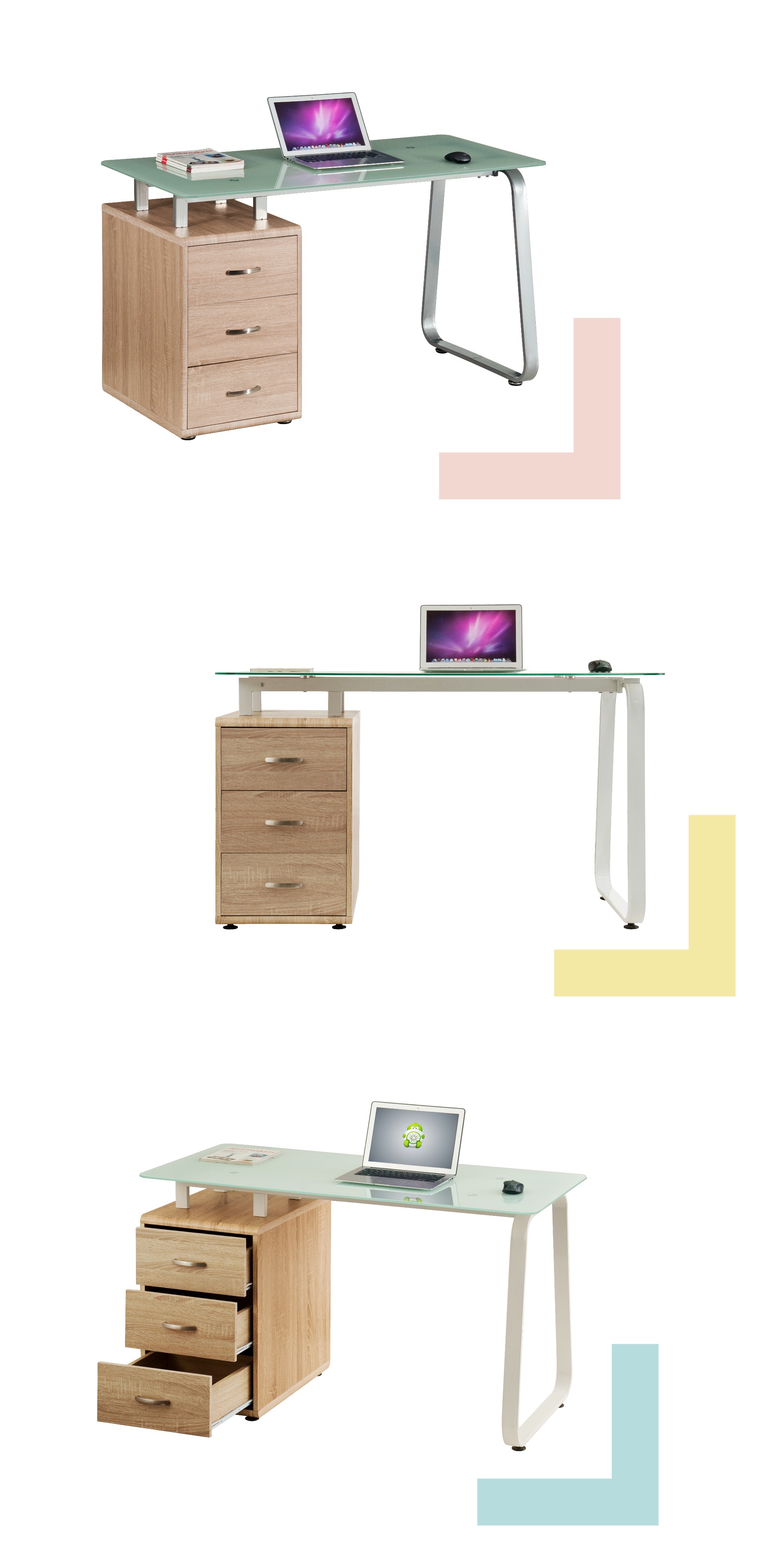 Glass Computer Desk with Wooden Cabinet