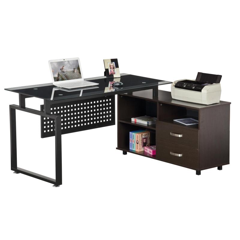 Glass L Shaped Home Office Computer Workstation With Storage Drawer