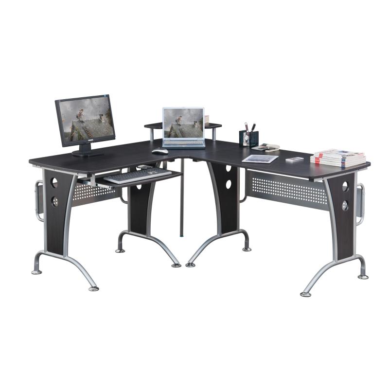 Double Simple Desk Walnut Color L Shape Computer Desk