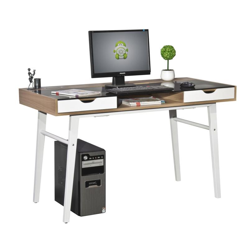 H-Shaped Legs Tempered Glass Computer Desk with Cable Blocks
