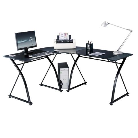 X形の足が付いているガラスによって結合されるMDF板Lの形のコンピュータの机