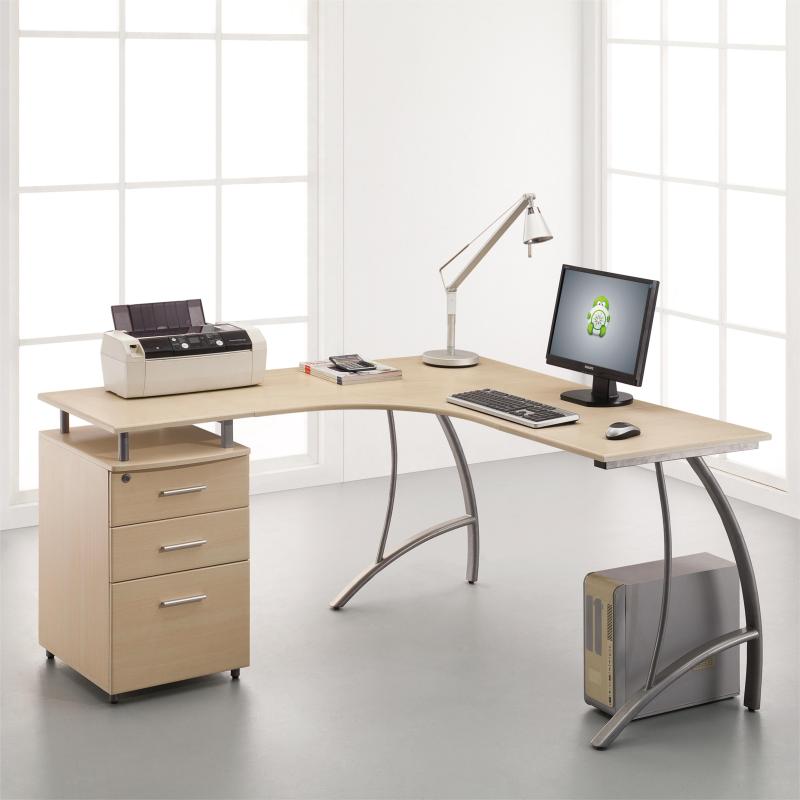 โต๊ะคอมพิวเตอร์รูปตัว L สีเชอร์รี่อ่อนพร้อมลิ้นชัก 3 ชั้น