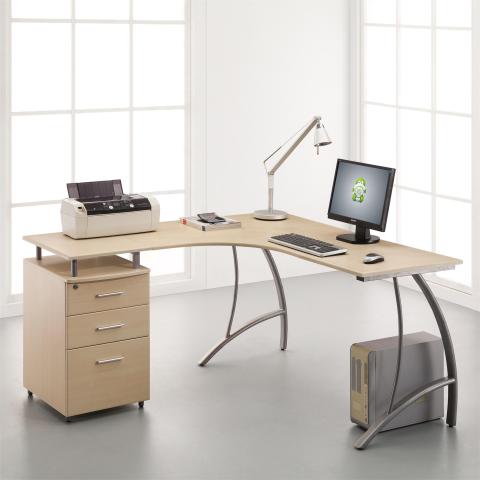 Компьютерный стол L-образной формы светло-вишневого цвета с 3 ярусными ящиками