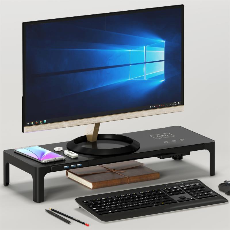Wood Desk Monitor Computer Stand Riser Shelf With Wireless Charging
