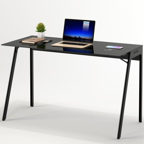 Studietafel van zwart gehard glas met draadloze oplader