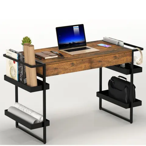 طاولة كتابة بلون بني ريفي مع صواني تخزين للساقين