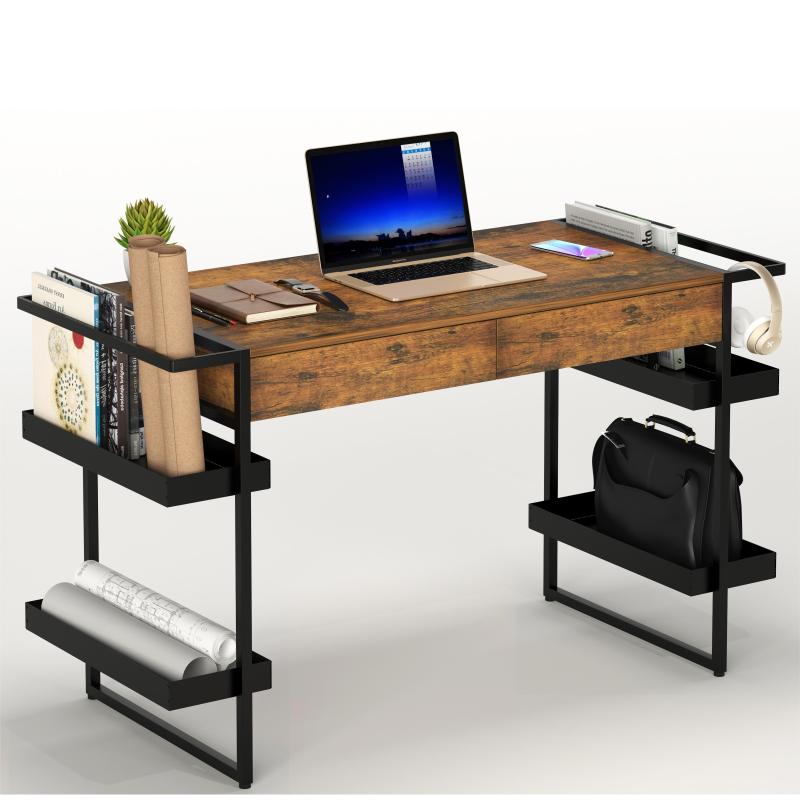 Rustic Brown Color Writing Table With Storage Trays for Legs