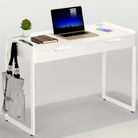 مكتب كمبيوتر من النوع الاسكندنافي مع خطاف معلق وثقوب كبلات