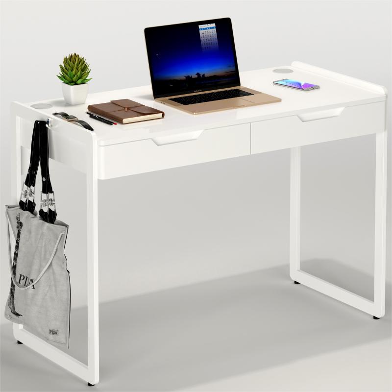 Scrivania per PC di tipo nordico con gancio per appendere e fori per cavi